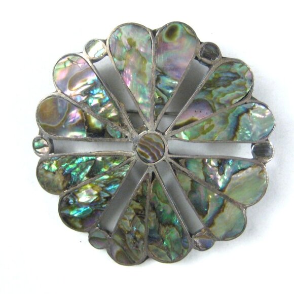 Taxco Mexico Vintage Sterling Silver Abalone Shell Inlay Brooch Pin Brooche RU - Picture 1 of 8
